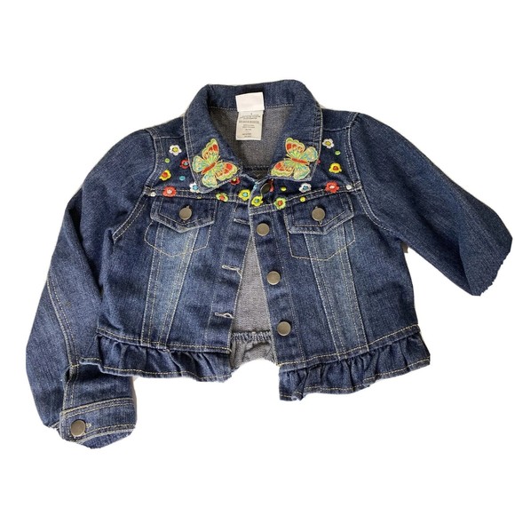 Nannette Kids Dark Wash Floral Butterfly Embroidered Denim Jacket, Sz 6 Ruffles - Picture 12 of 12